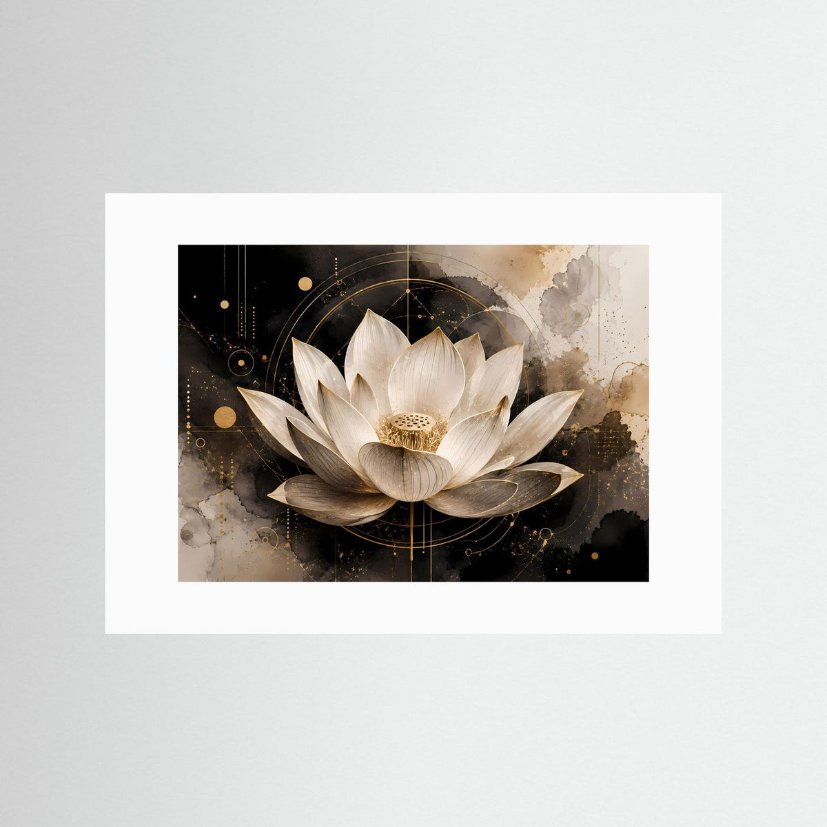 Querformat-Poster mit Lotusblüte in Weiß, Schwarz und Gold mit weißem Passepartout