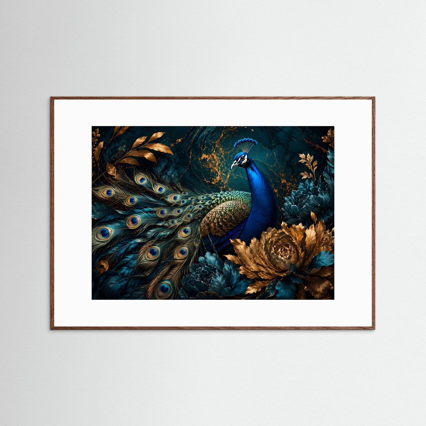Majestätischer Pfau mit goldenen Akzenten | Edle Tierkunst & Petrol Poster