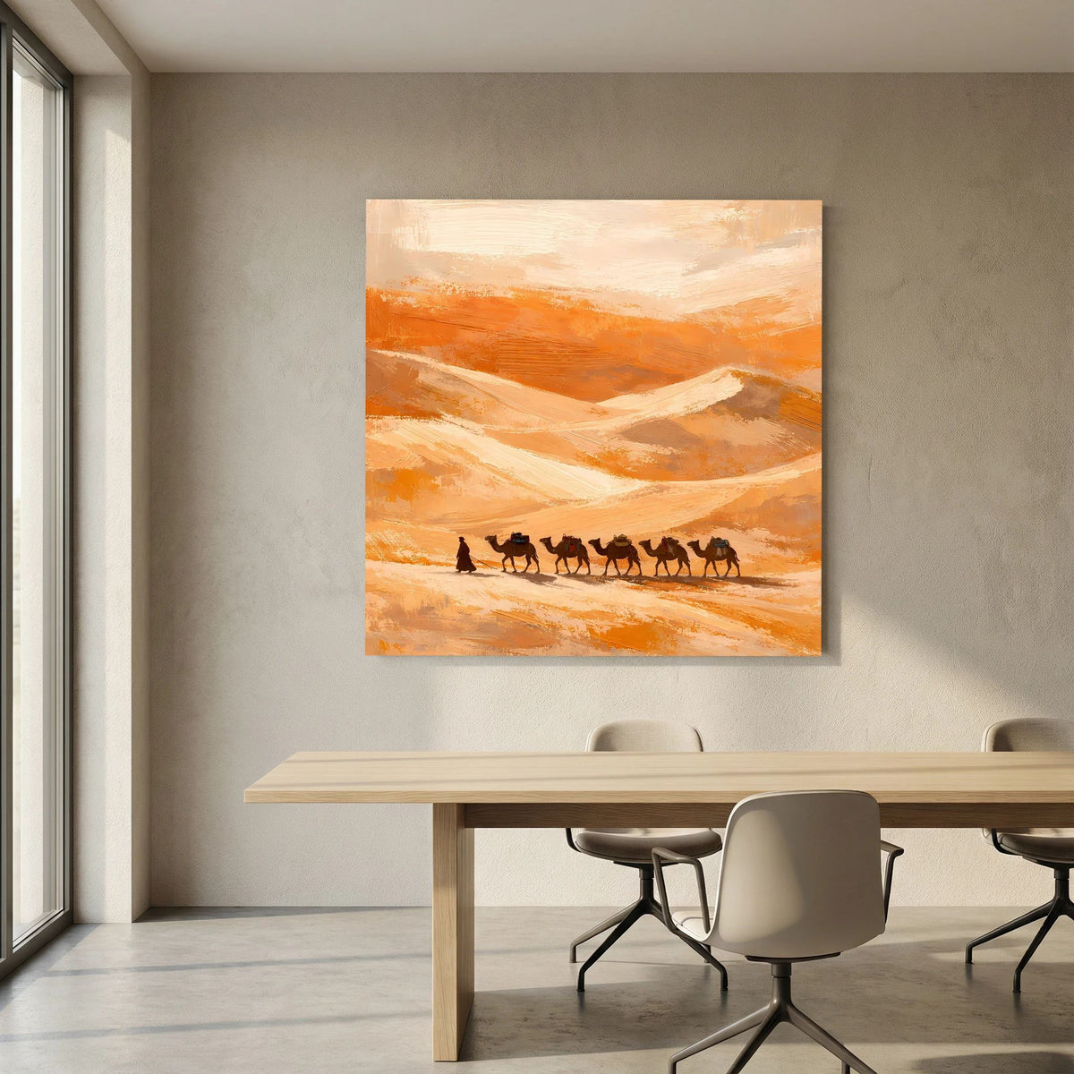 Leinwandbild an der Wand: Kamelkarawane in Orange und Sandtönen, Holzrahmen