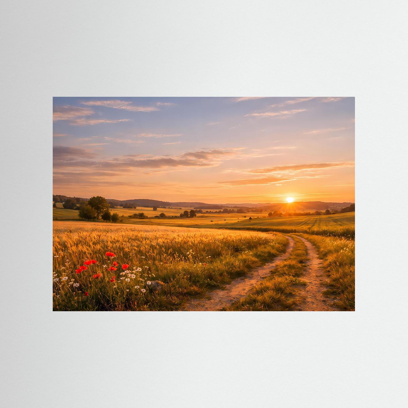 Idyllischer Sonnenuntergang im Kornfeld | Feldweg & Natur Poster Querformat