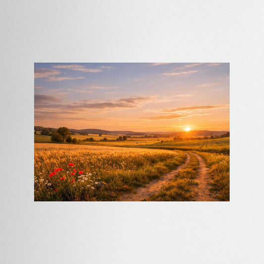Naturposter im Querformat mit Sonnenuntergang über dem Kornfeld und Feldweg
