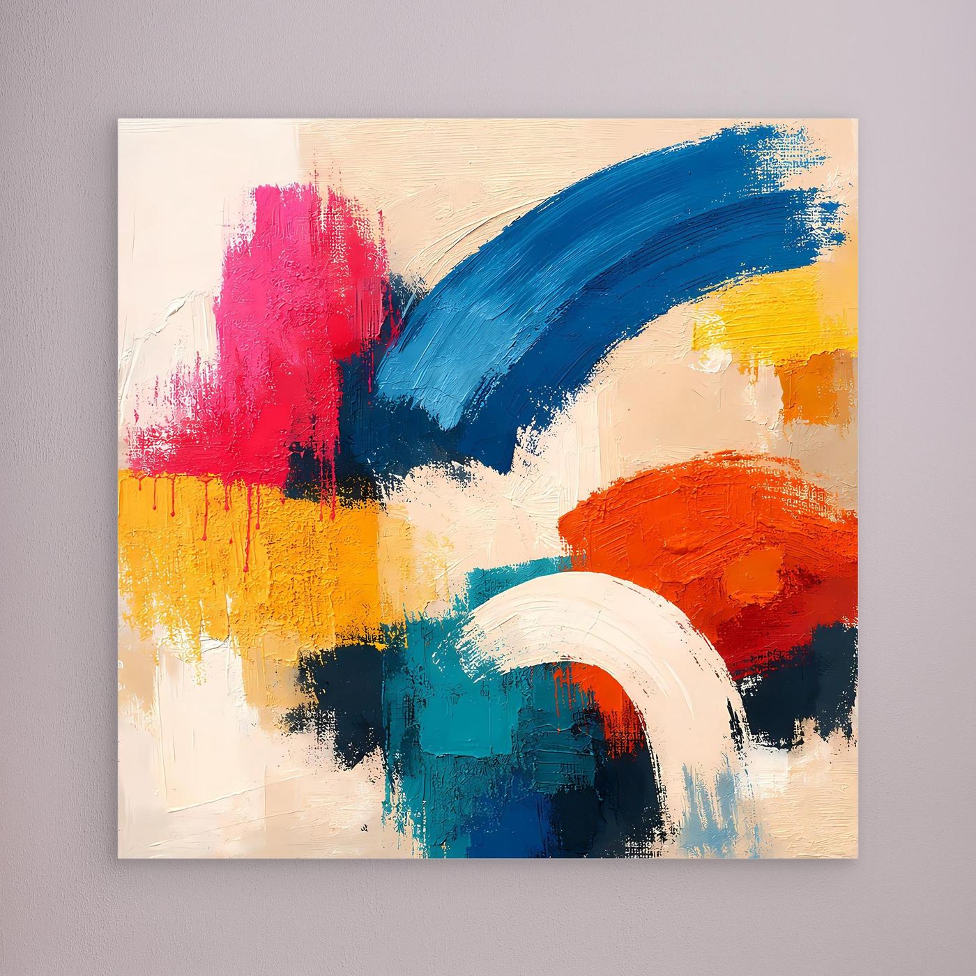 Abstract canvas painting with blue, pink, red, yellow, and white brushstrokes; no visible frame.