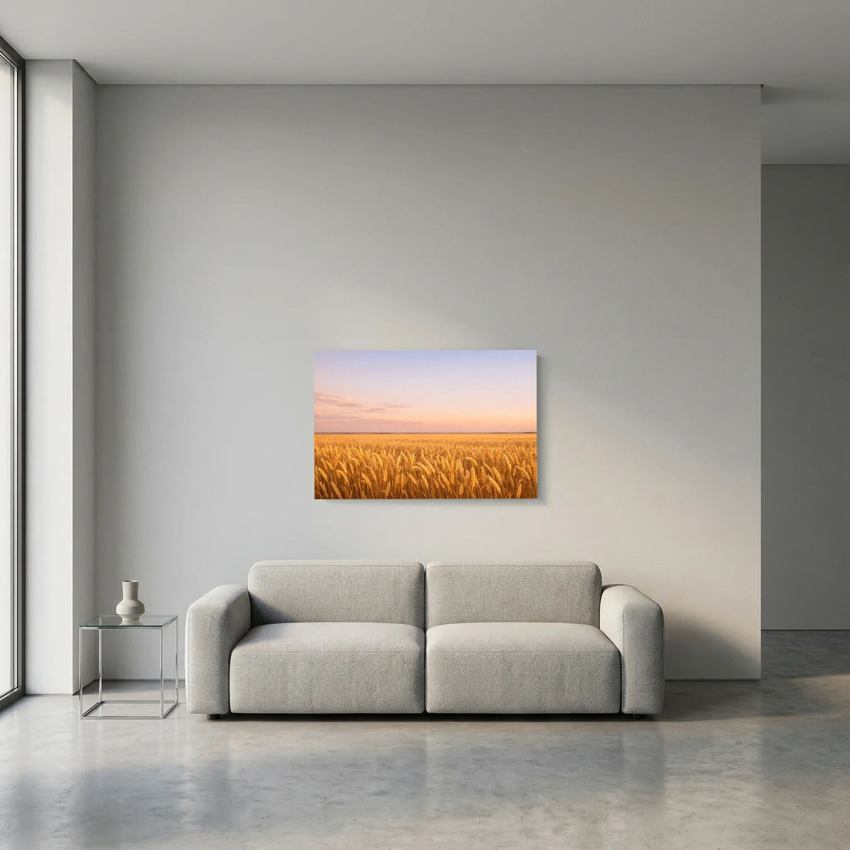 Wandbild-Poster mit goldenem Weizenfeld bei Sonnenuntergang, Querformat, rechteckig.