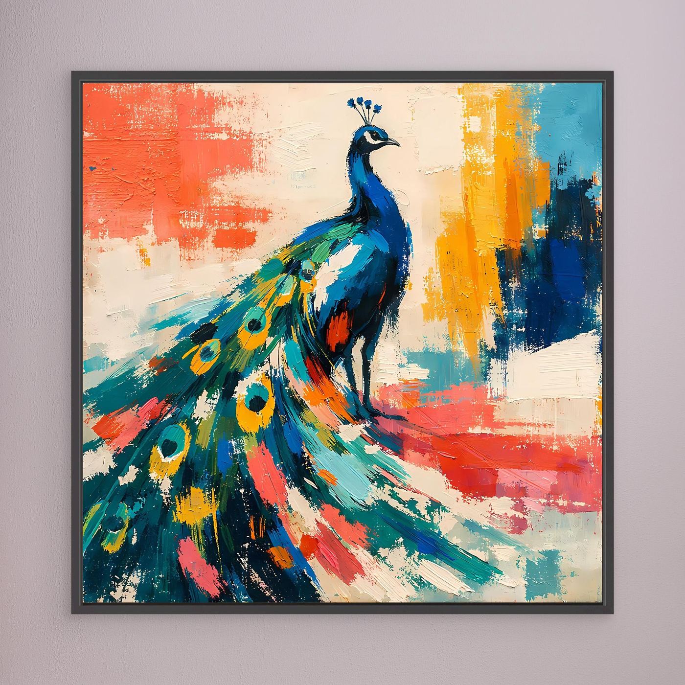 Canvas abstract peacock wall art with multicolor feathers and black frame