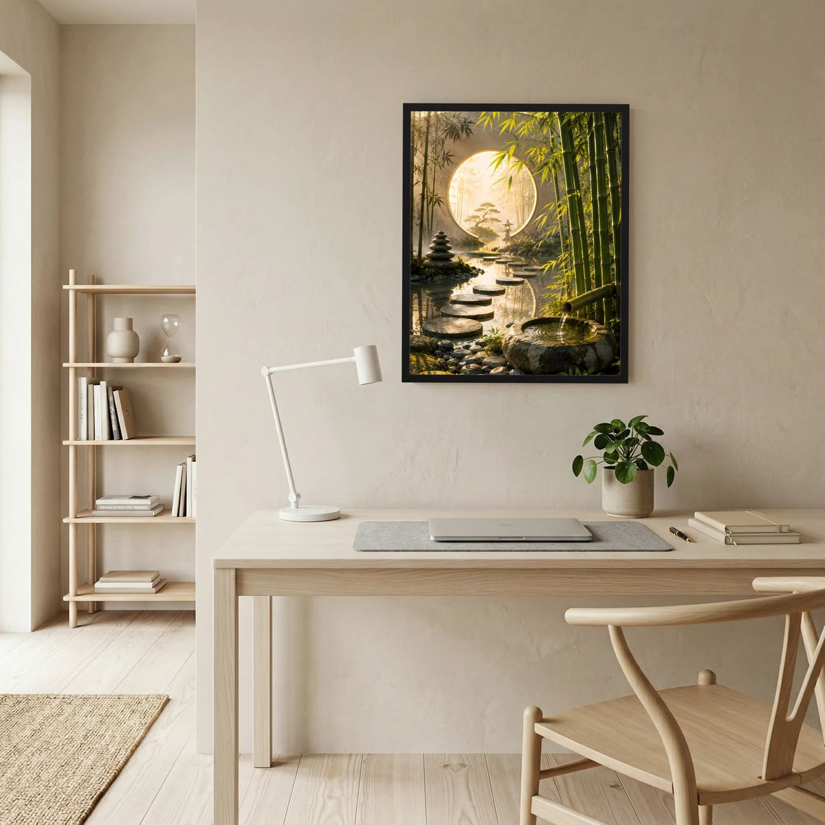 Zen-Garten-Poster im Hochformat mit schwarzem Rahmen, Bambus und Trittsteine im Mondschein