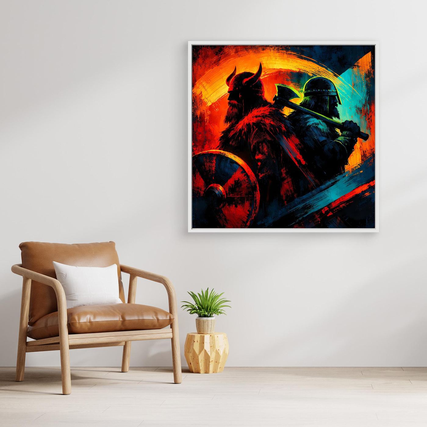 Gerahmtes Wandbild mit Wikingerkrieger in dunkler Silhouette, farbiger Hintergrund