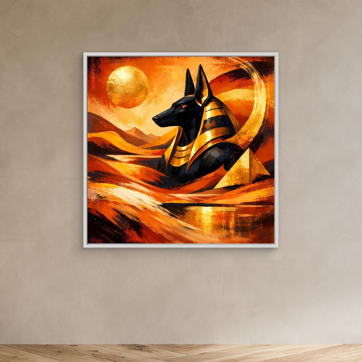 Leinwandbild mit schwarzem Anubis auf abstrakter Wüstenlandschaft, mit weißem Rahmen