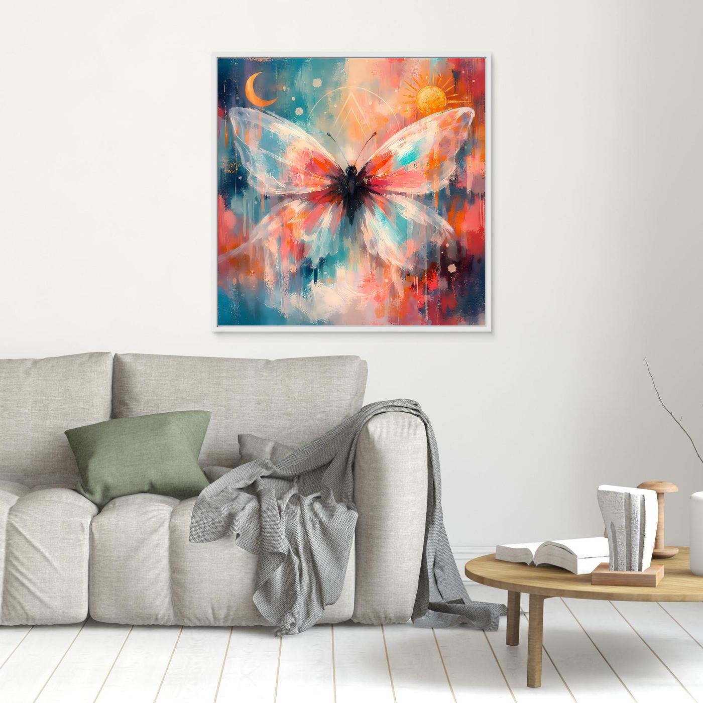 Wandbild mit buntem Schmetterling, Sonne und Mond im weißen Rahmen