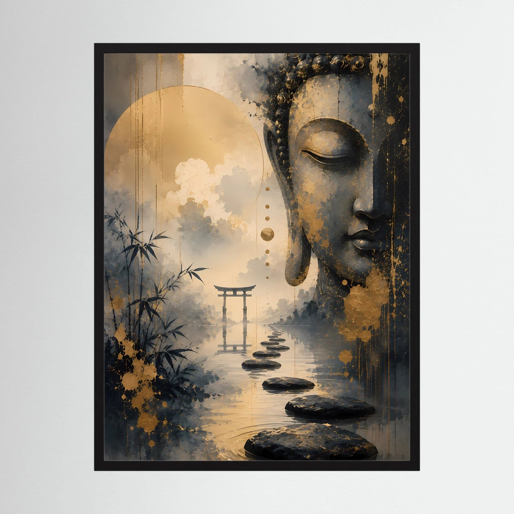 Poster Hochformat mit gold-schwarzem Buddha-Gesicht, Steinen und Wasserpfad