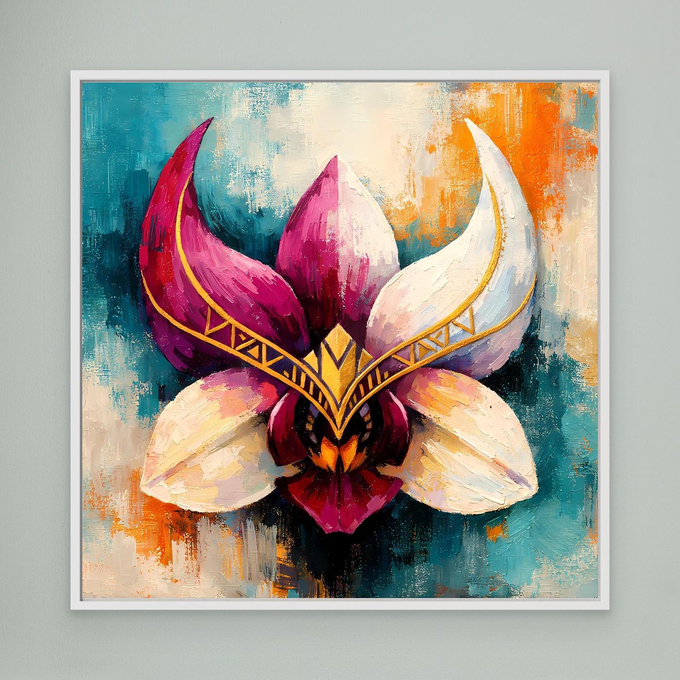 Premium Leinwand Mystische Orchideen-Maske in Gold | Abstraktes Florales Wandbild im Fantasy-Stil