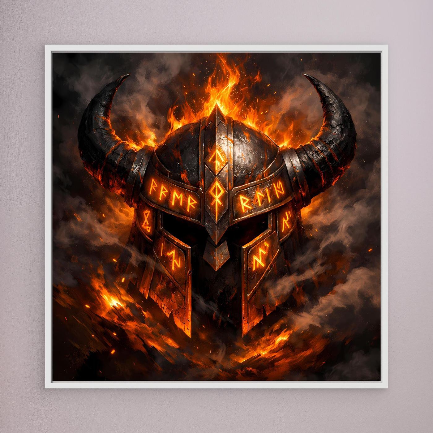 Leinwand-Wandbild mit flammendem Wikingerhelm und Runen, hell gerahmt