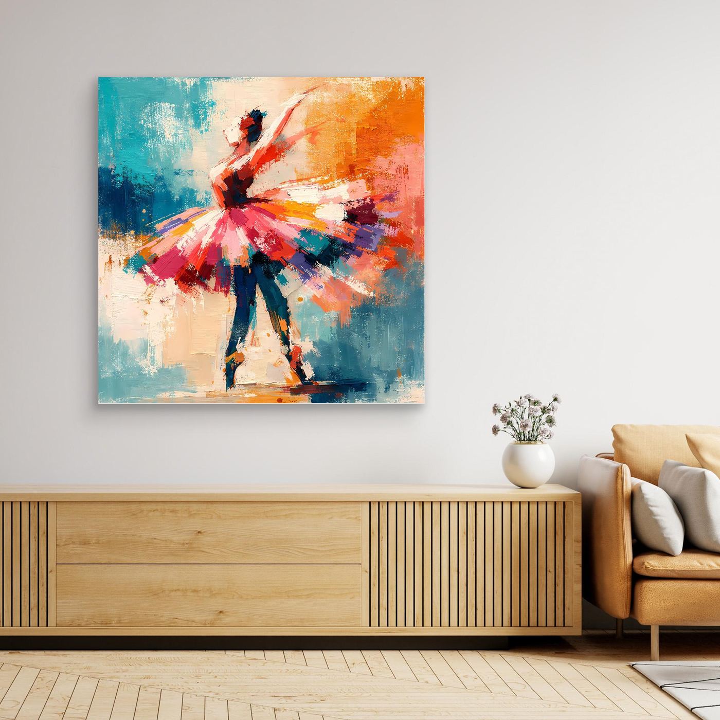 Abstract ballerina canvas wall art without frame, multicolor tutu and teal orange colors
