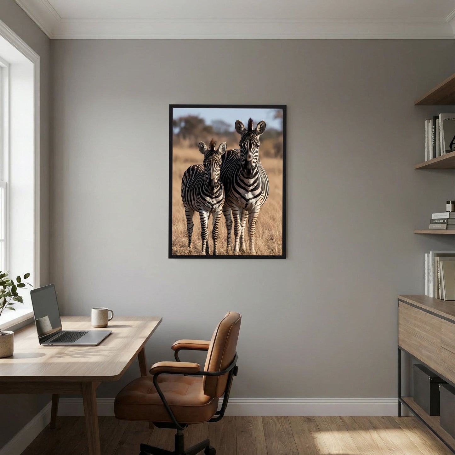 Wandposter mit Zebras (Mutter und Jungtier) im schwarzen Rahmen, hochformatig.