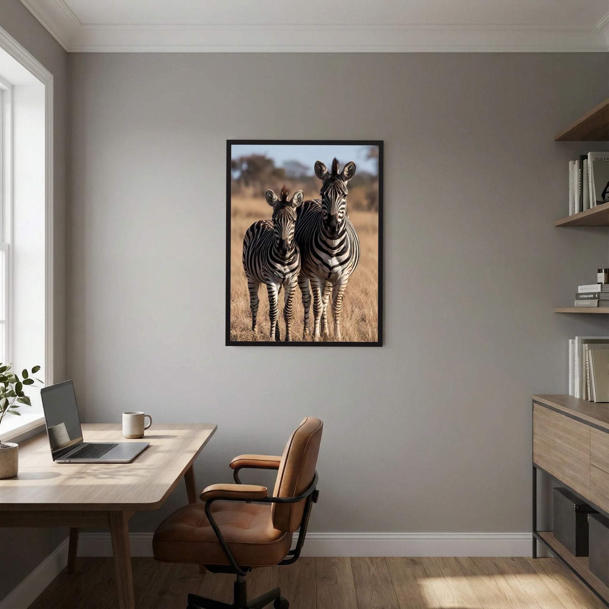 Wandposter mit Zebras (Mutter und Jungtier) im schwarzen Rahmen, hochformatig.