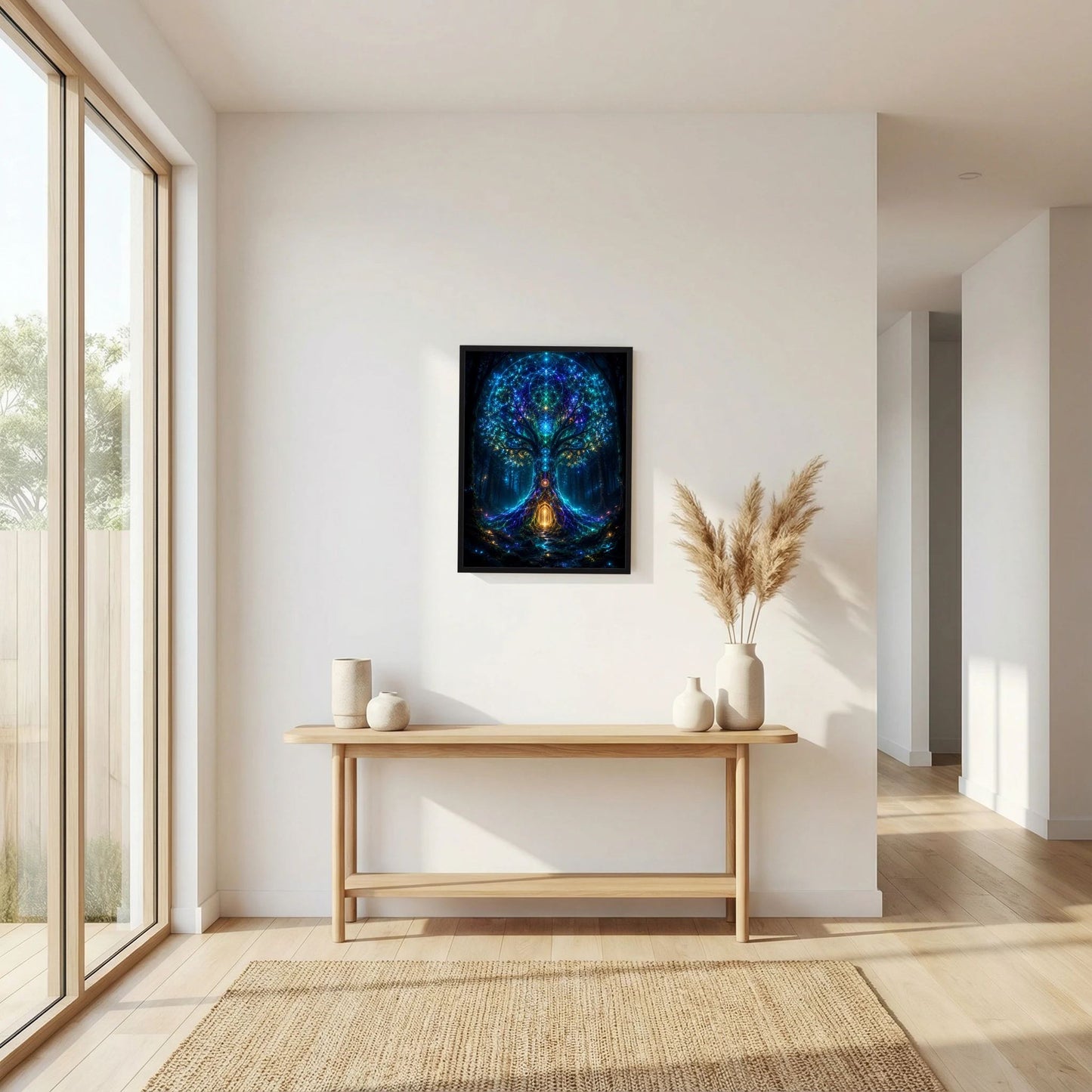 Hochformat-Poster mit schwarzem Rahmen und leuchtendem Baumportal in Blau