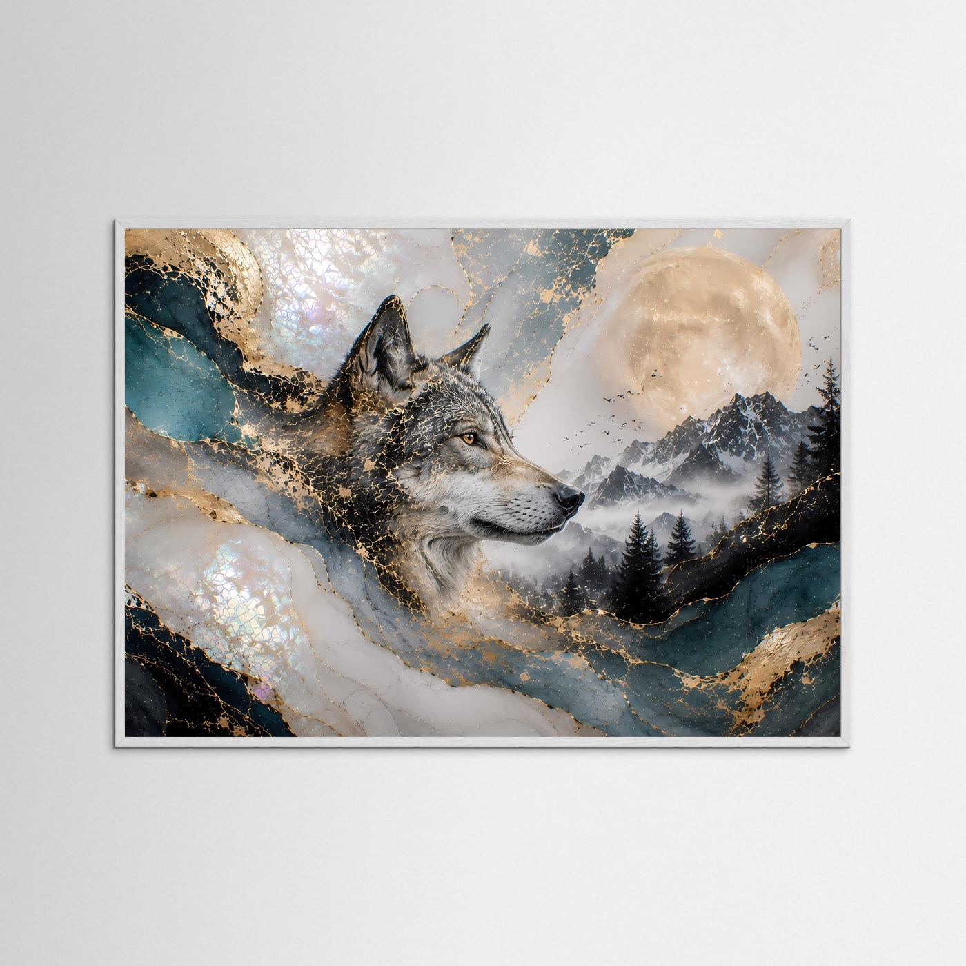 Gerahmtes Querformat-Poster mit Wolf im Mondlicht über einer nebligen Berglandschaft