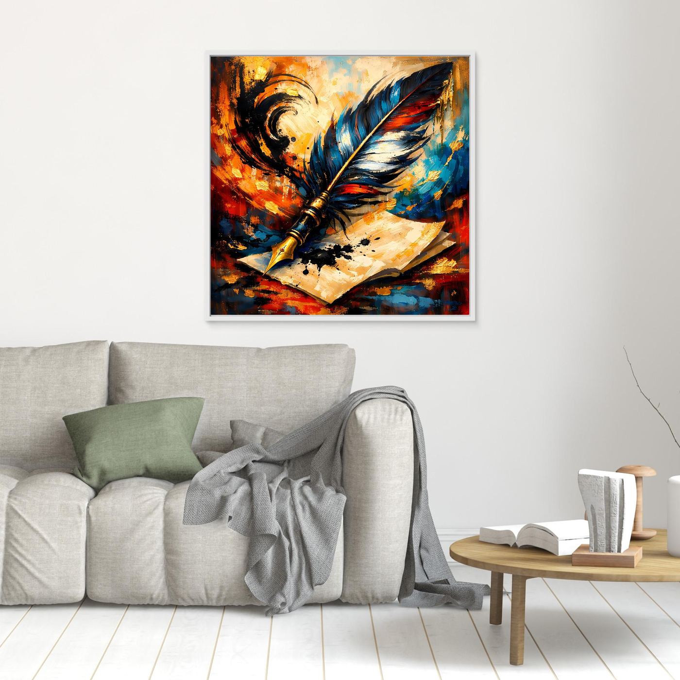 Leinwandbild mit Federkiel-Motiv in Blau, Rot und Gelb, an der Wand, dunkler Rahmen