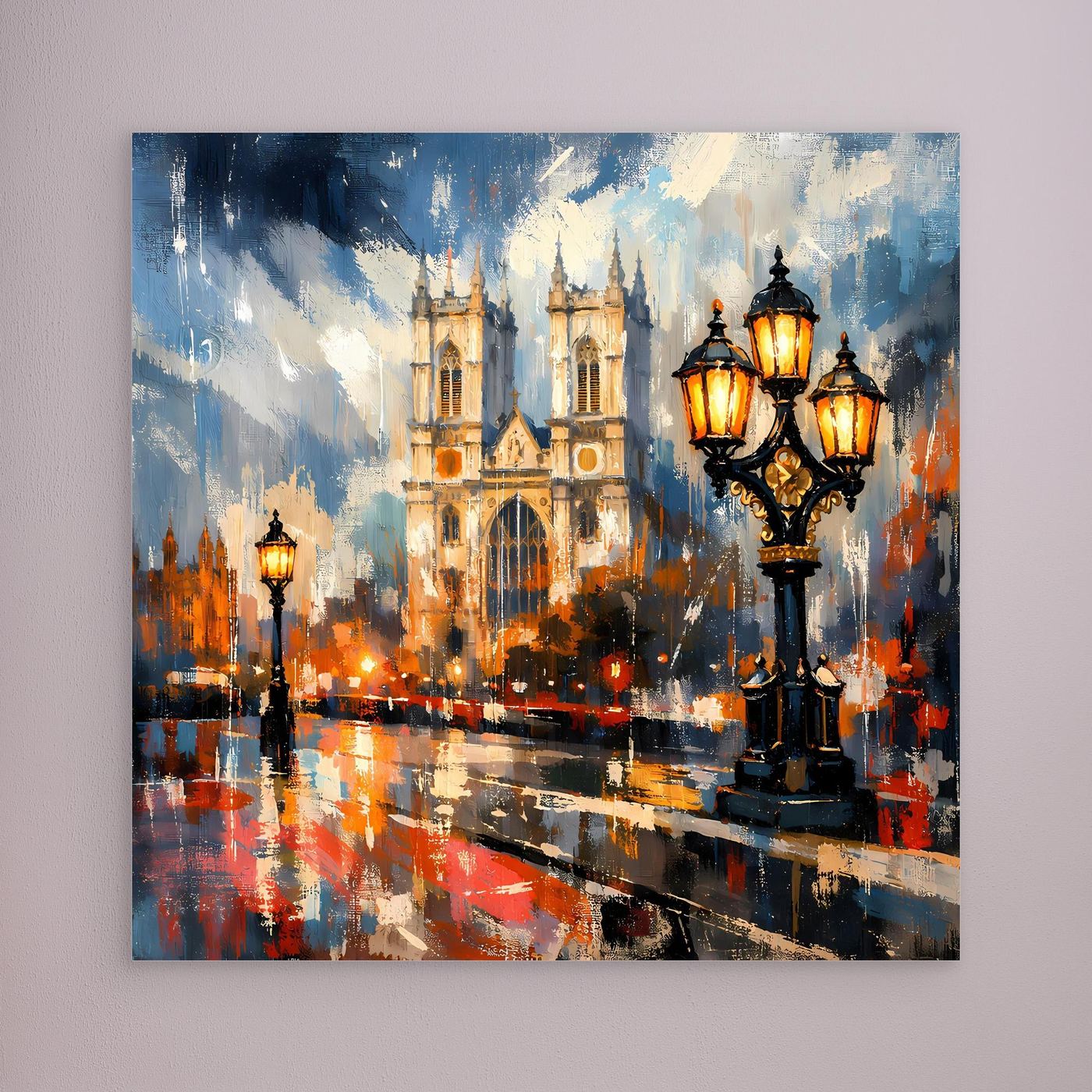 Abstraktes Wandbild mit Kathedrale, Laternen und Regen, ohne sichtbaren Rahmen
