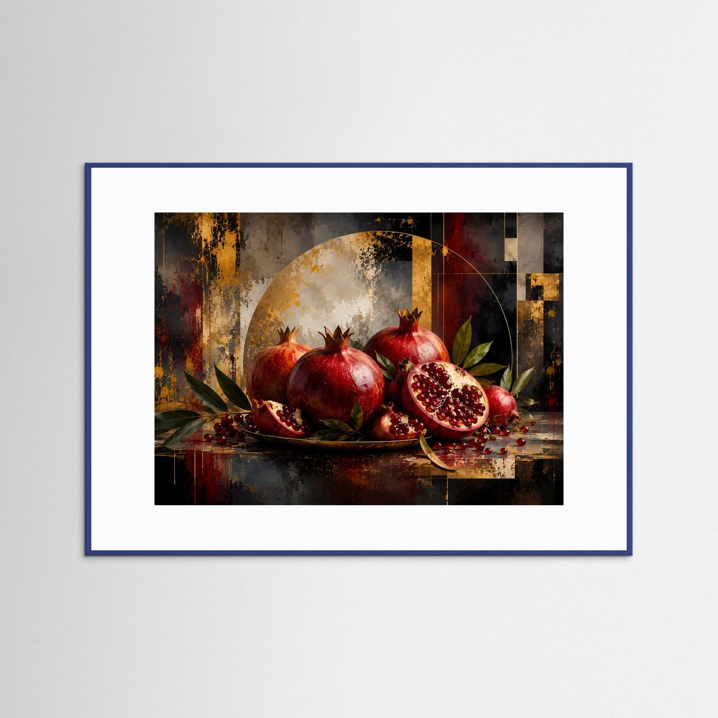 Poster: Granatäpfel in Rot und Gold, abstrakte Fruchtkunst, blau gerahmt