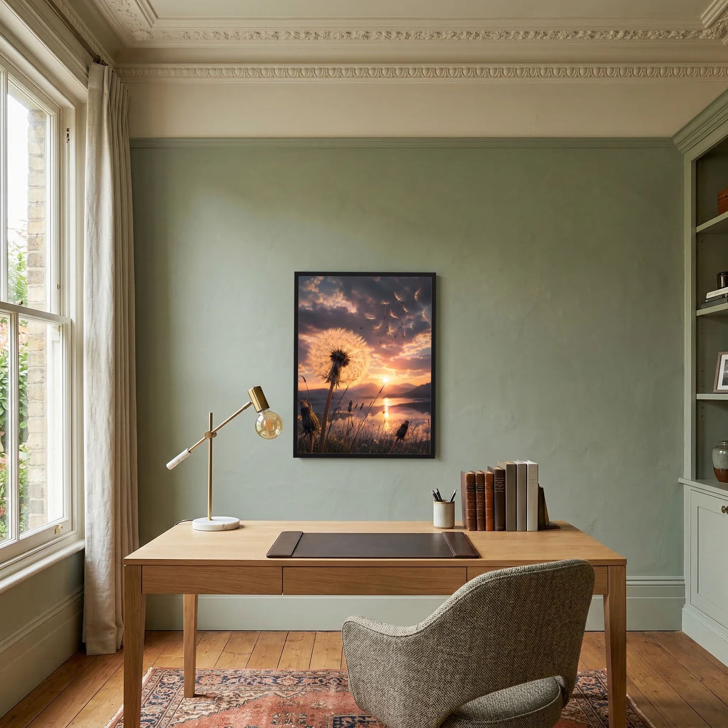 Poster im Hochformat: Pusteblume mit fliegenden Samen im Abendhimmel, dunkel gerahmt