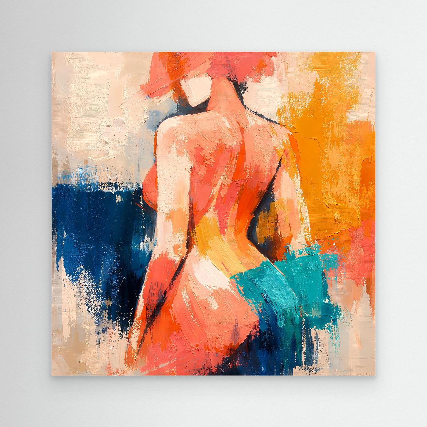 Abstract canvas wall art of a nude woman from behind with orange, teal, and blue paint