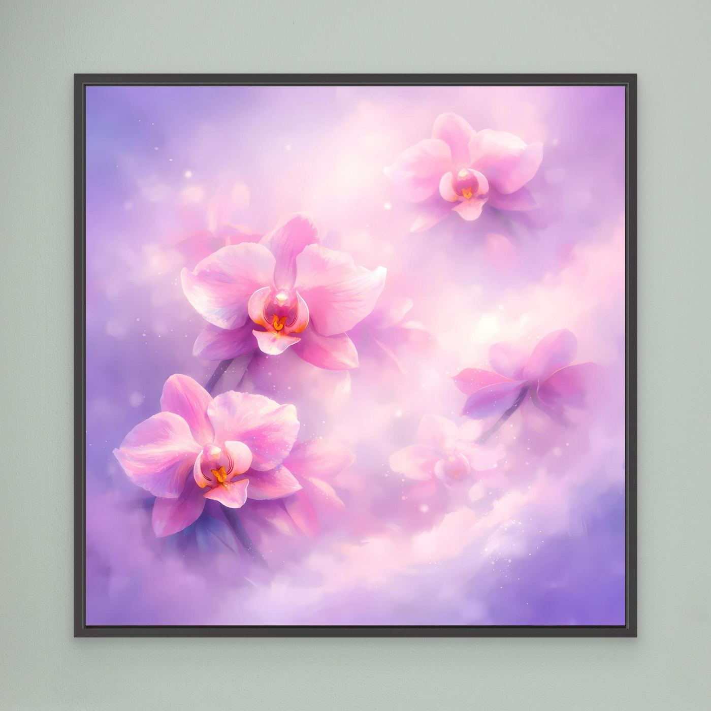 Leinwandbild mit pastellfarbenen Orchideenblüten, schwarzer Rahmen