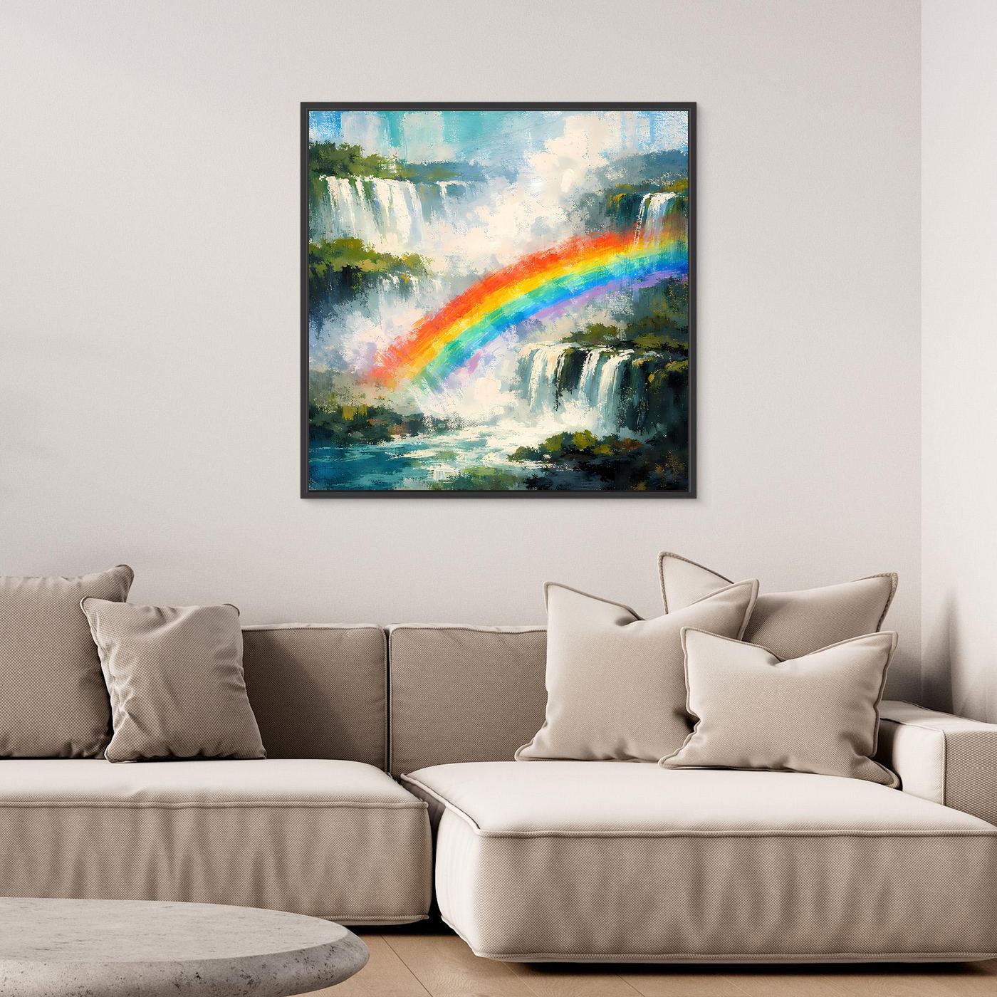 Wandbild mit abstraktem Wasserfall und Regenbogen, Leinwand mit schwarzem Rahmen