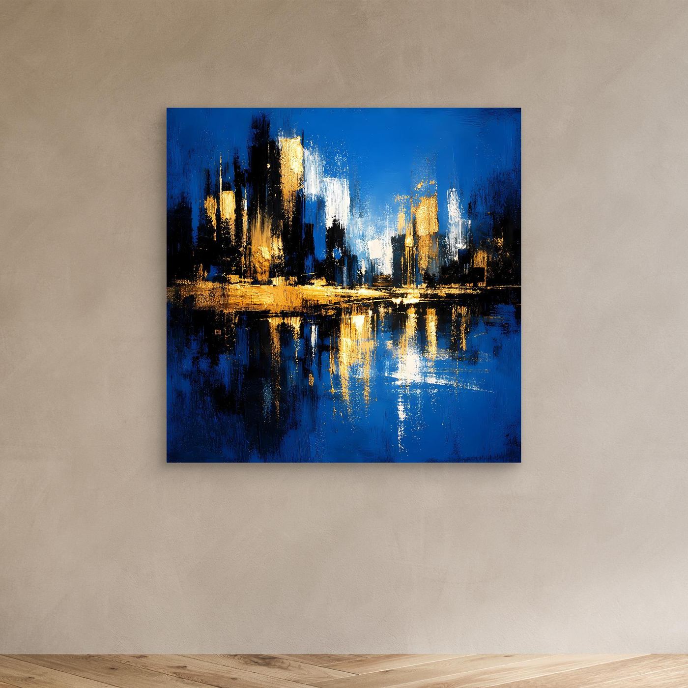 Leinwand Abstrakte Skyline in Blau und Gold | Modernes Großstadt Wandbild mit Spiegelung