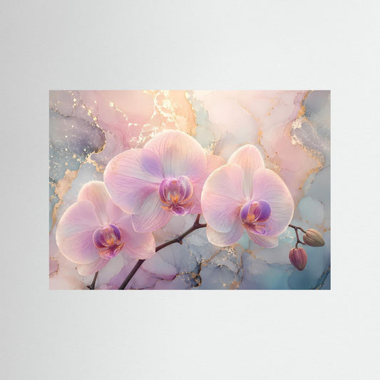 Phalaenopsis-Wandposter mit pastellfarbenen Orchideenblüten auf Gold-Marmor-Optik