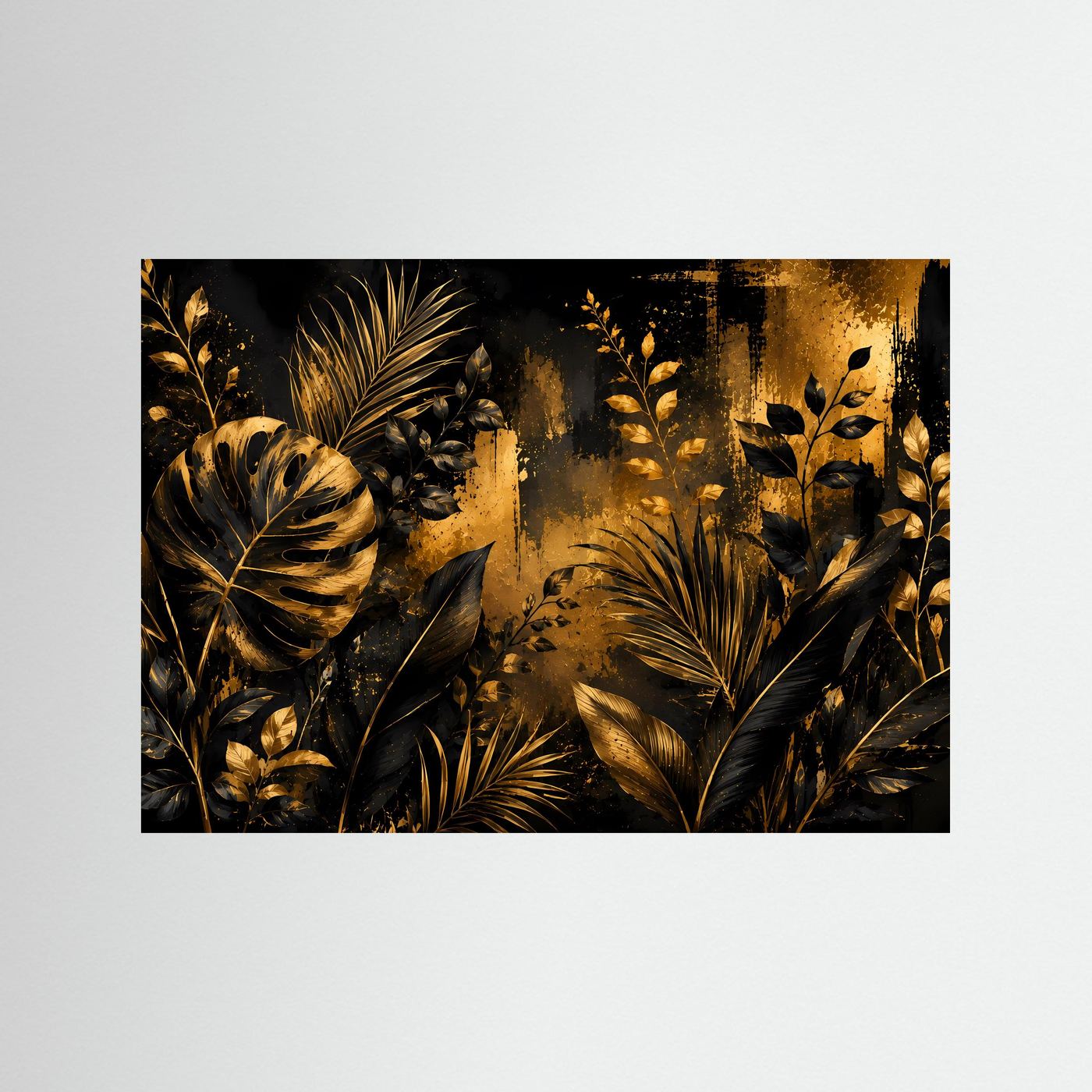 Botanisches Poster im Querformat: goldene Tropenblätter auf schwarzem Hintergrund
