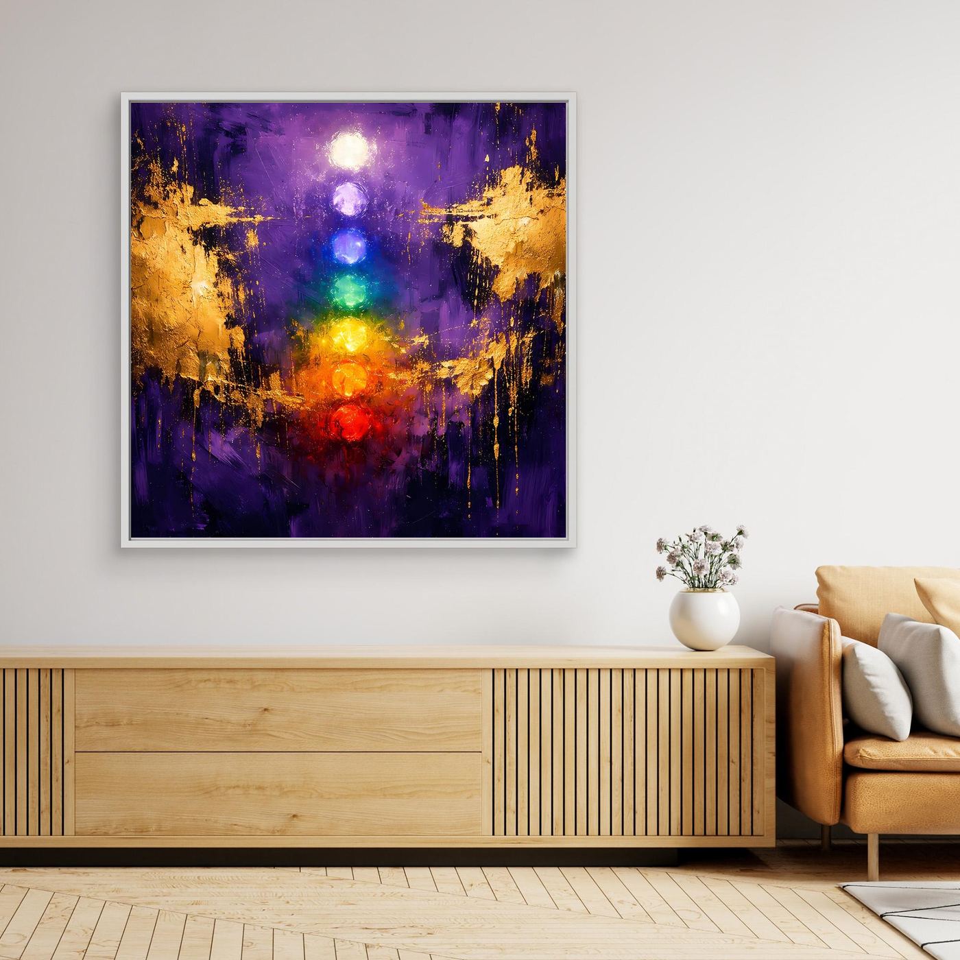 Leinwand Sieben Chakren auf tiefem Violett | Modernes Spirituelles Yoga Wandbild