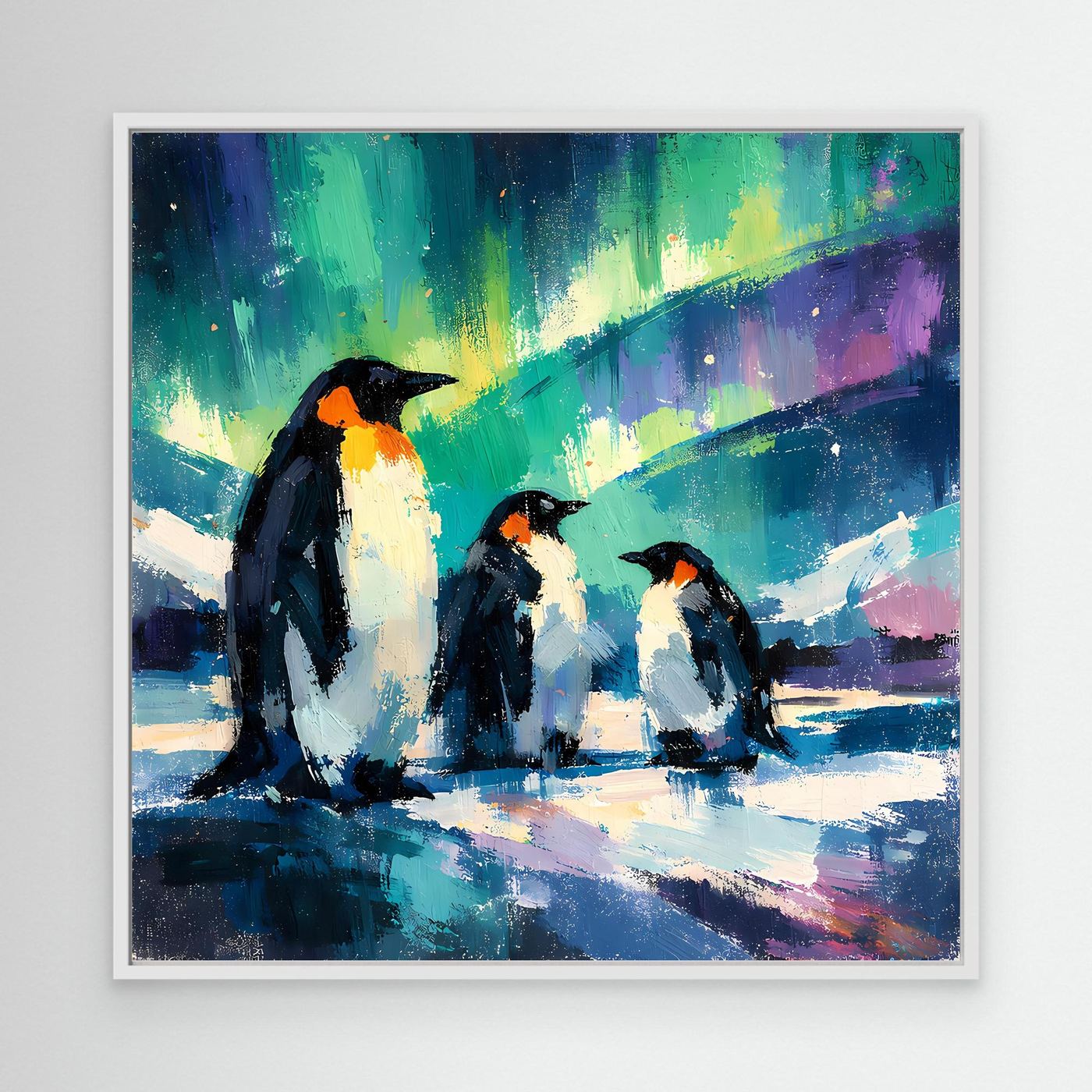 Leinwand Majestätische Pinguine unter Polarlichtern | Abstraktes Antarktis & Nordlicht Wandbild