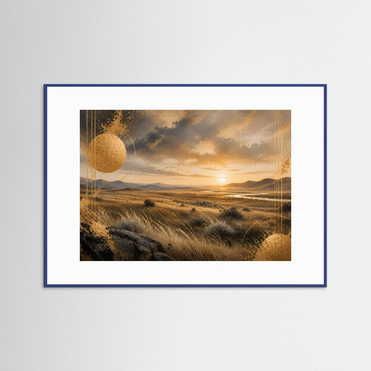 Querformat-Poster mit goldener Steppenlandschaft und Sonnenuntergang, blauer Holzrahmen