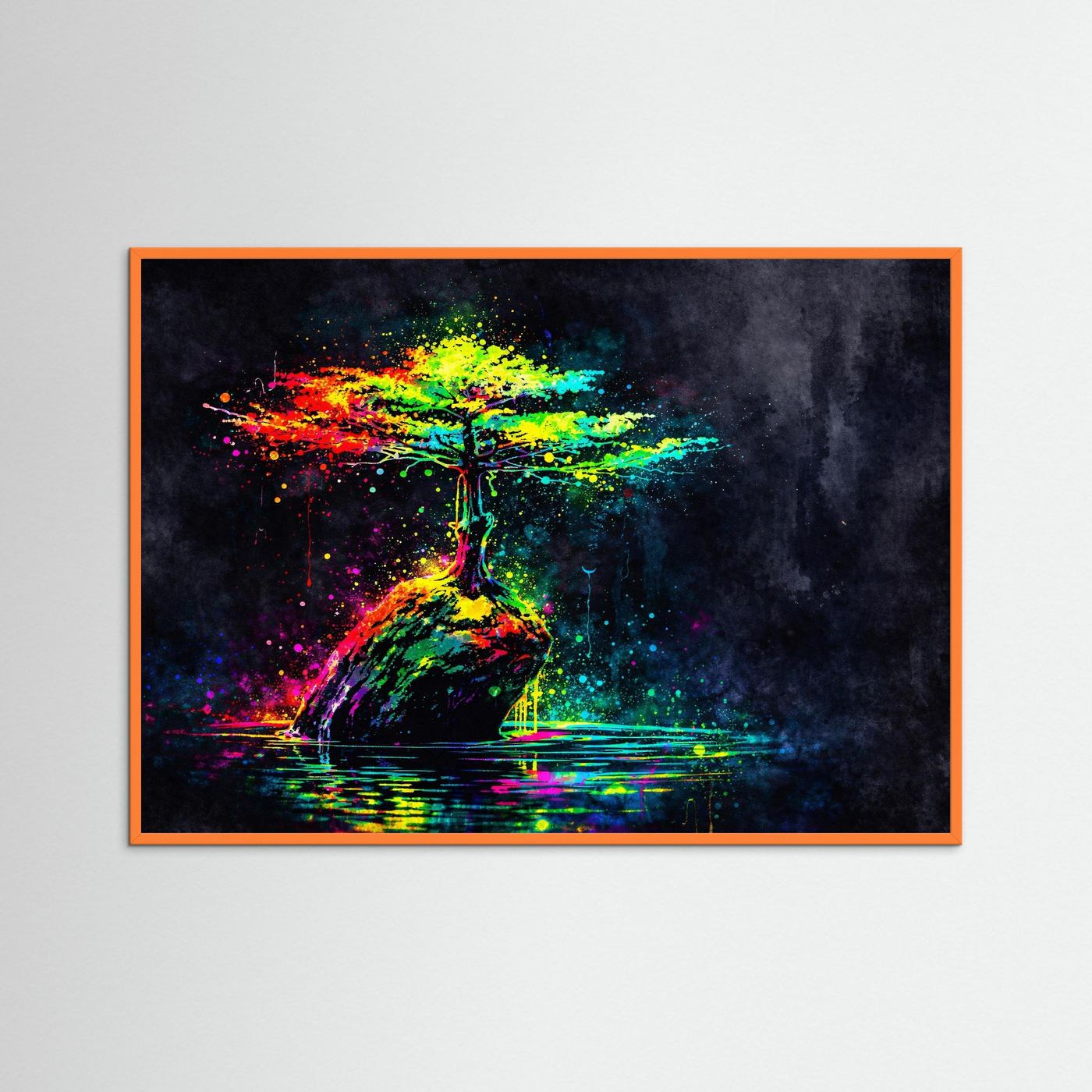 Wandbild mit abstraktem Lebensbaum-Motiv, neonfarbene Farben und Spiegelung, orange gerahmt