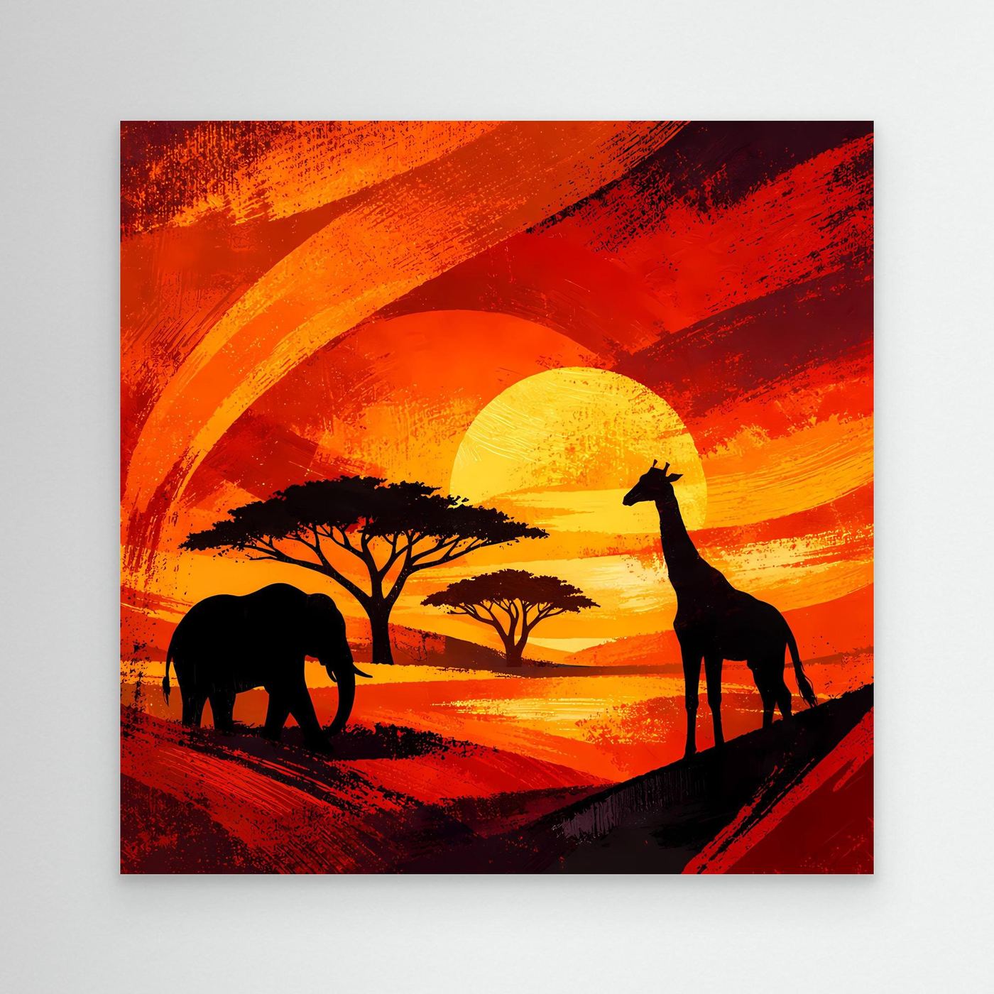 Nahansicht: Leinwandbild mit Afrikasavanne, Silhouetten von Elefant, Giraffe und Akazien