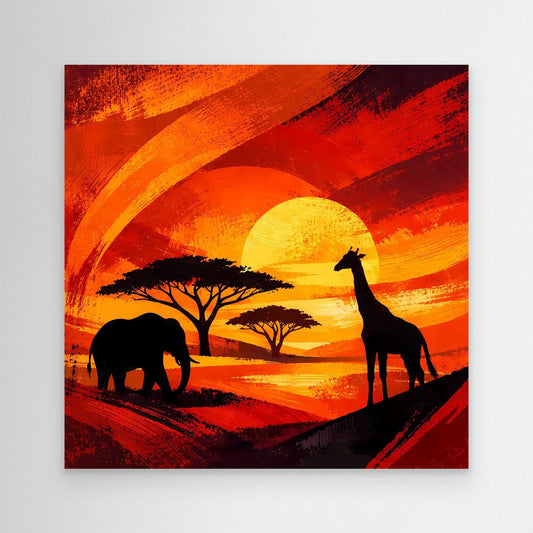Nahansicht: Leinwandbild mit Afrikasavanne, Silhouetten von Elefant, Giraffe und Akazien