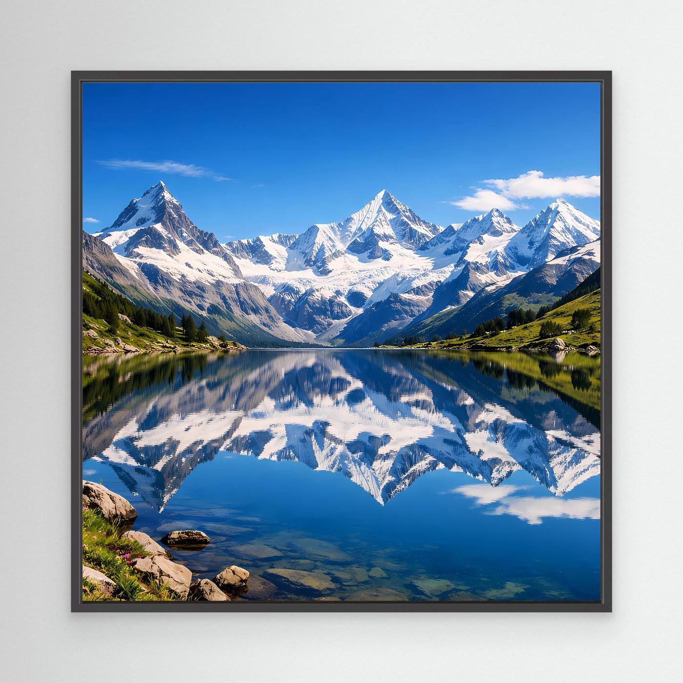 Leinwandbild mit Bergsee und Alpen, Spiegelung im Wasser, schwarzer Rahmen