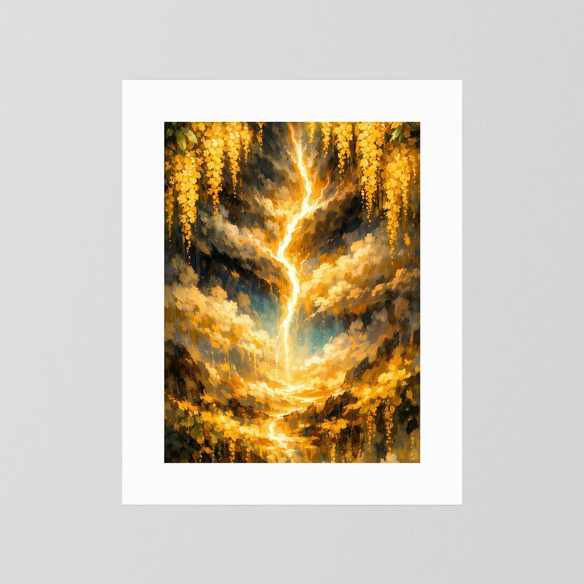 Hochformat-Poster mit goldenem Lebensbaum und Lichtflammen, ohne Rahmen, mit weißem Rand