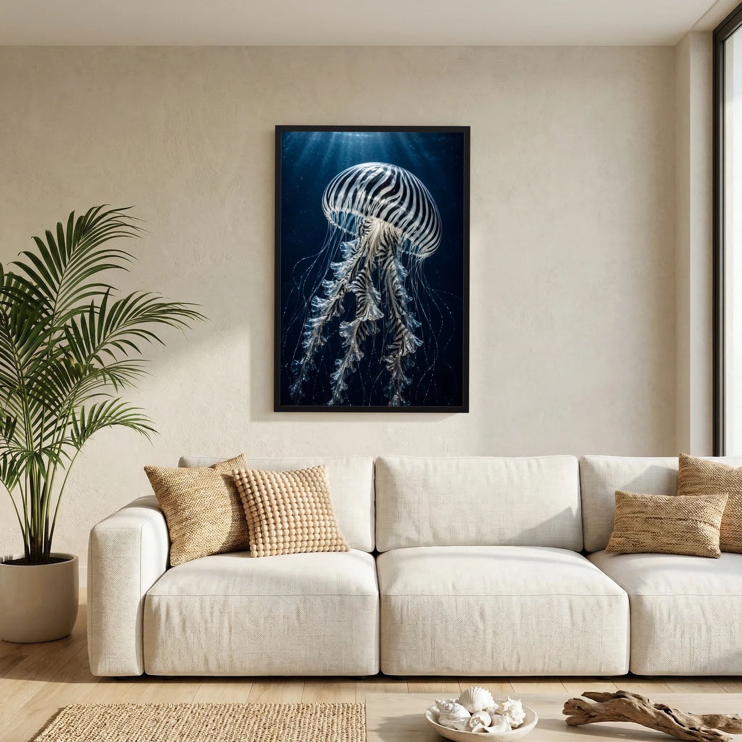 Hochformat-Poster im schwarzen Rahmen mit weiß-schwarz gestreifter Qualle auf dunklem Blau