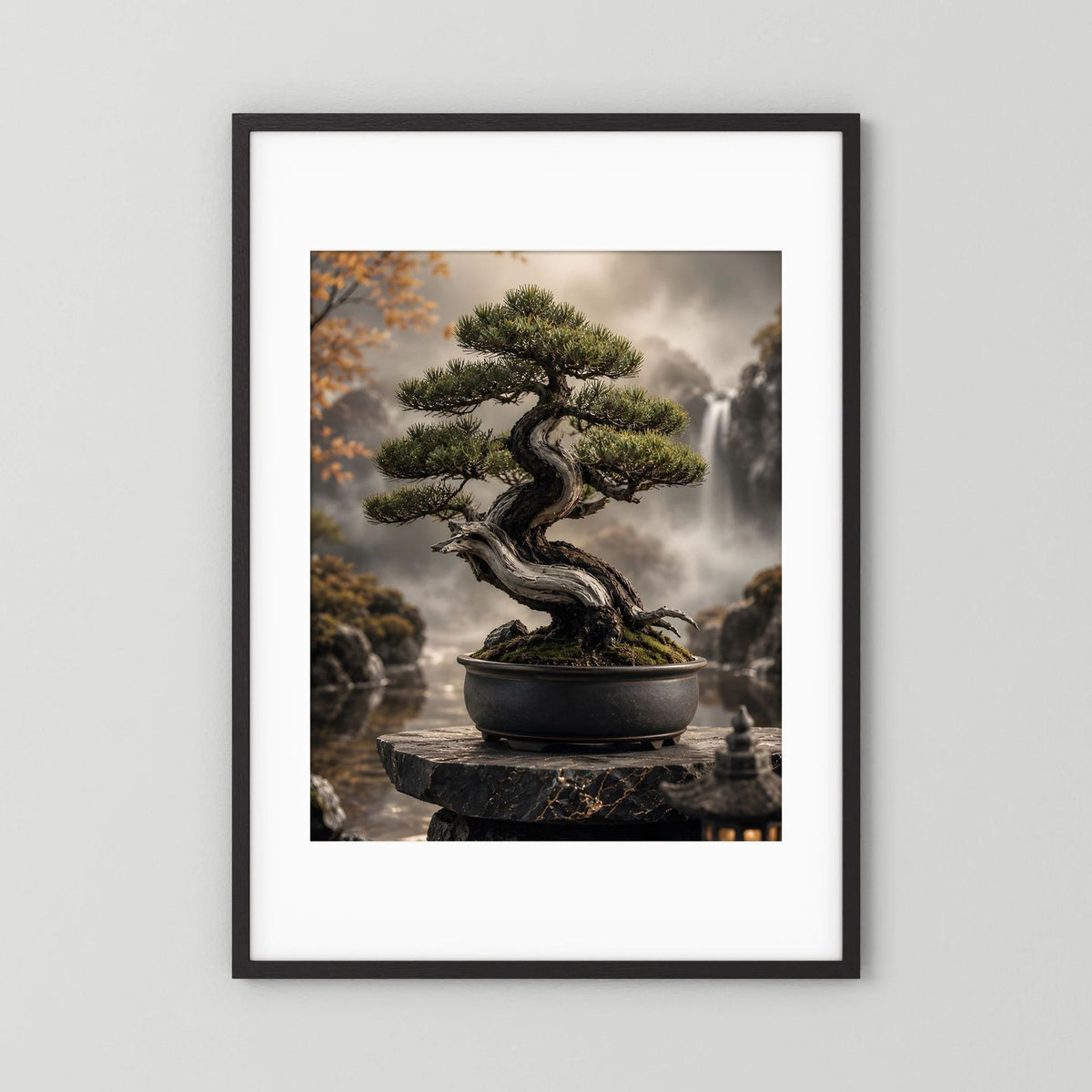 Bonsai-Baum-Poster im schwarzen Rahmen mit weißem Rand, Bonsai auf Steinpodest