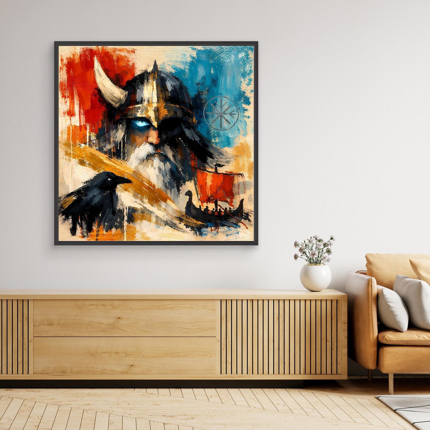 Framed abstract wall art with Viking head and raven, dark frame border