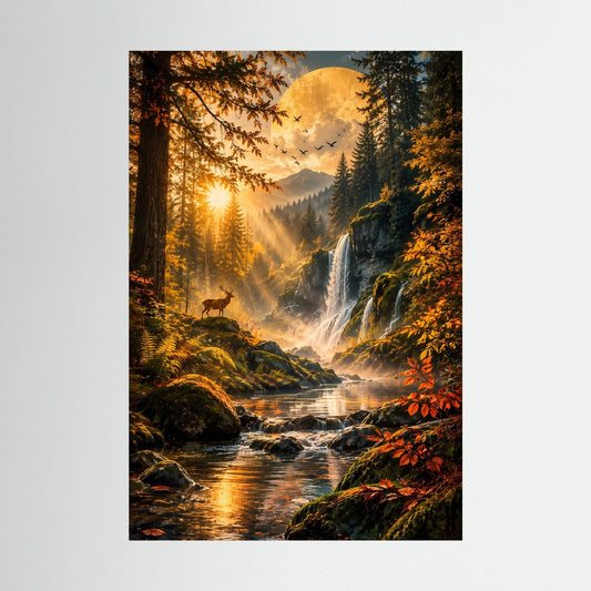 Hochformatiges Herbstposter mit Wasserfall, Fluss und Hirsch bei Vollmond