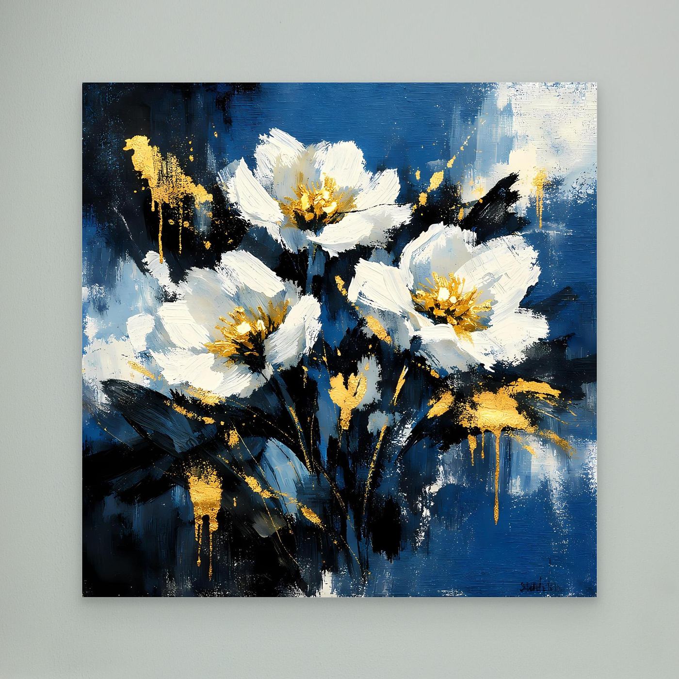 Blumen-Leinwand mit weißen und goldenen Blüten auf blauem Hintergrund, ohne Rahmen