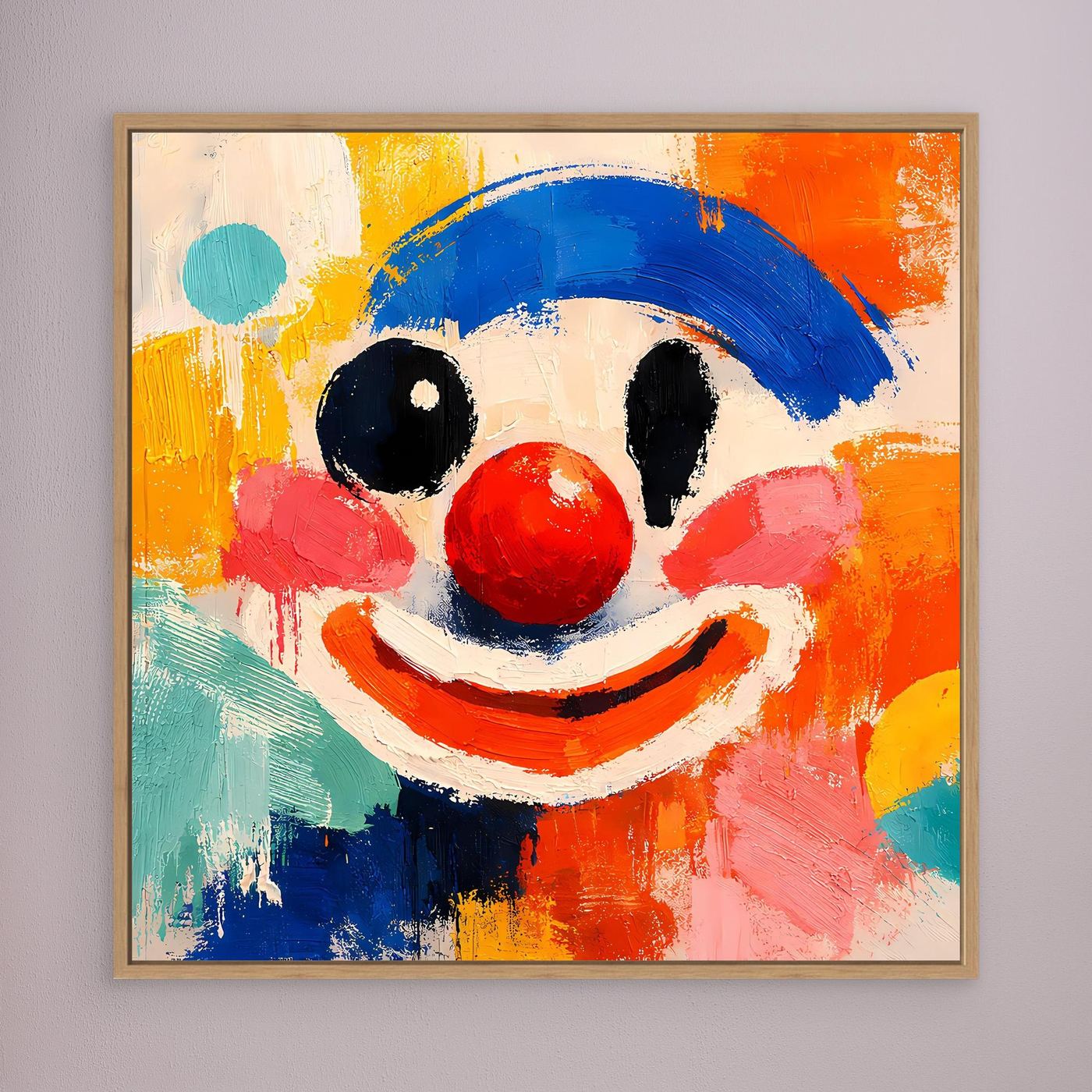Gerahmtes Leinwand-Wandbild mit abstraktem Clown-Gesicht, blauem Hut und roter Nase, Holzrahmen.