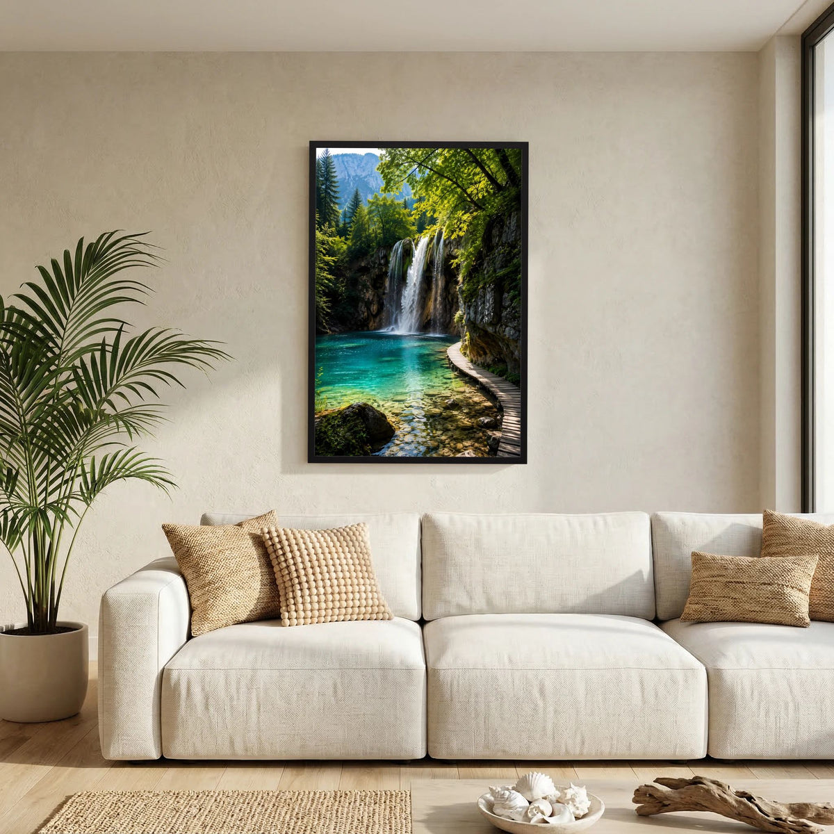 Wand-Poster im schwarzen Rahmen mit Wasserfall, türkisfarbenem See und Holzsteg