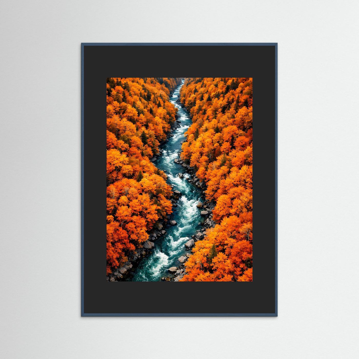 Wandbild Herbstfluss im Herbstwald, orange Laubbäume, blauer Rahmen, dunkles Passepartout