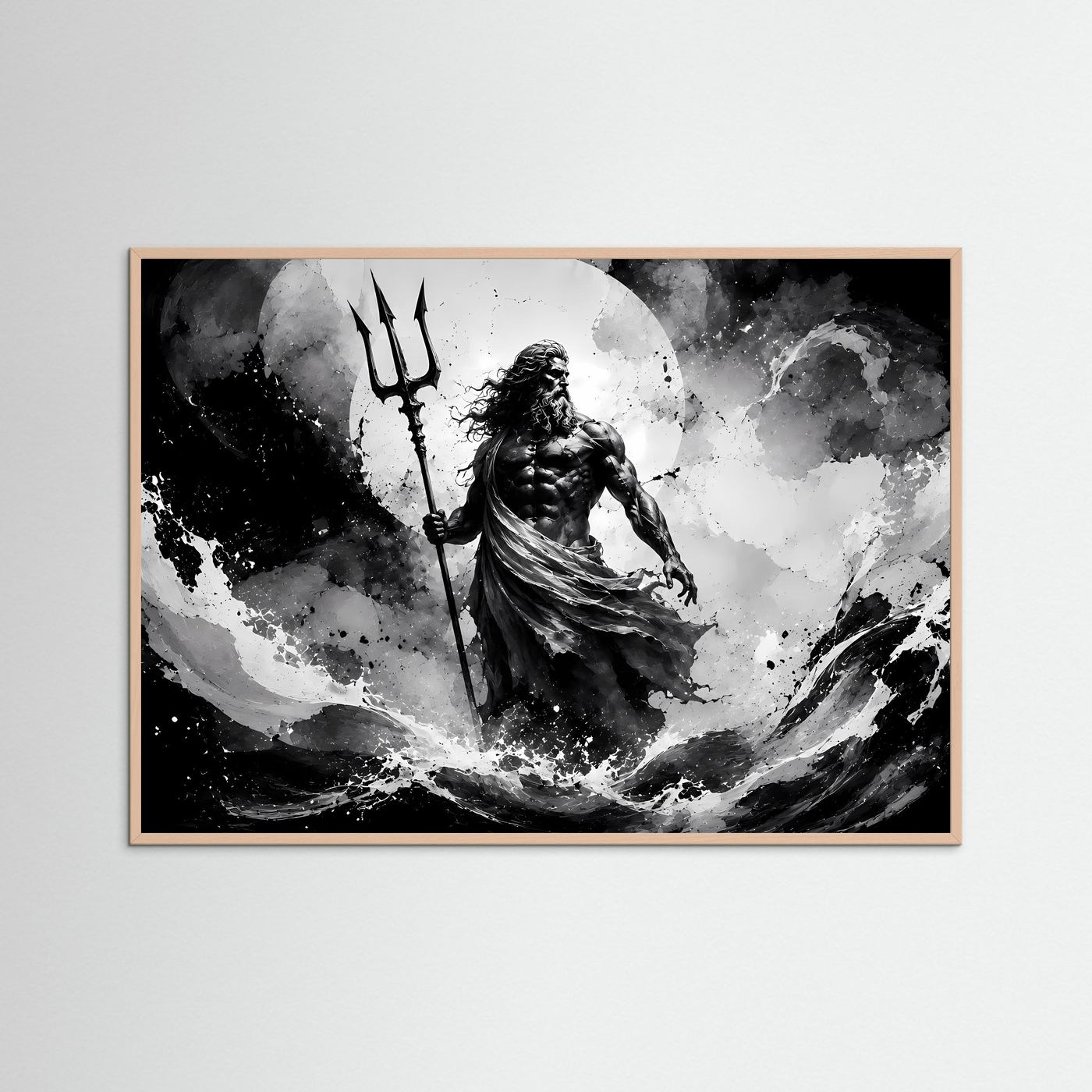 Poseidon Schwarz Weiß Wandbild | Griechische Mythologie Poster | Gott des Meeres mit Dreizack | Monochrome Fantasy Kunst | Moderne Leinwand