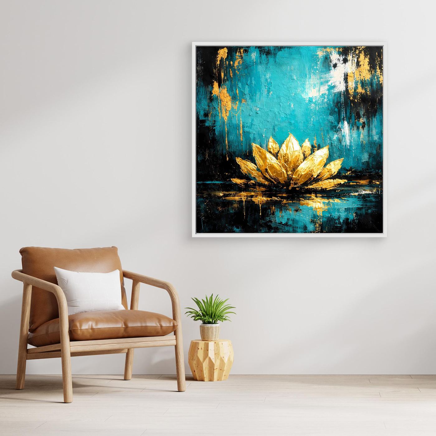Wandbild mit abstrakter Lotusblüte in Türkis und Gold, schwarzer Rahmen