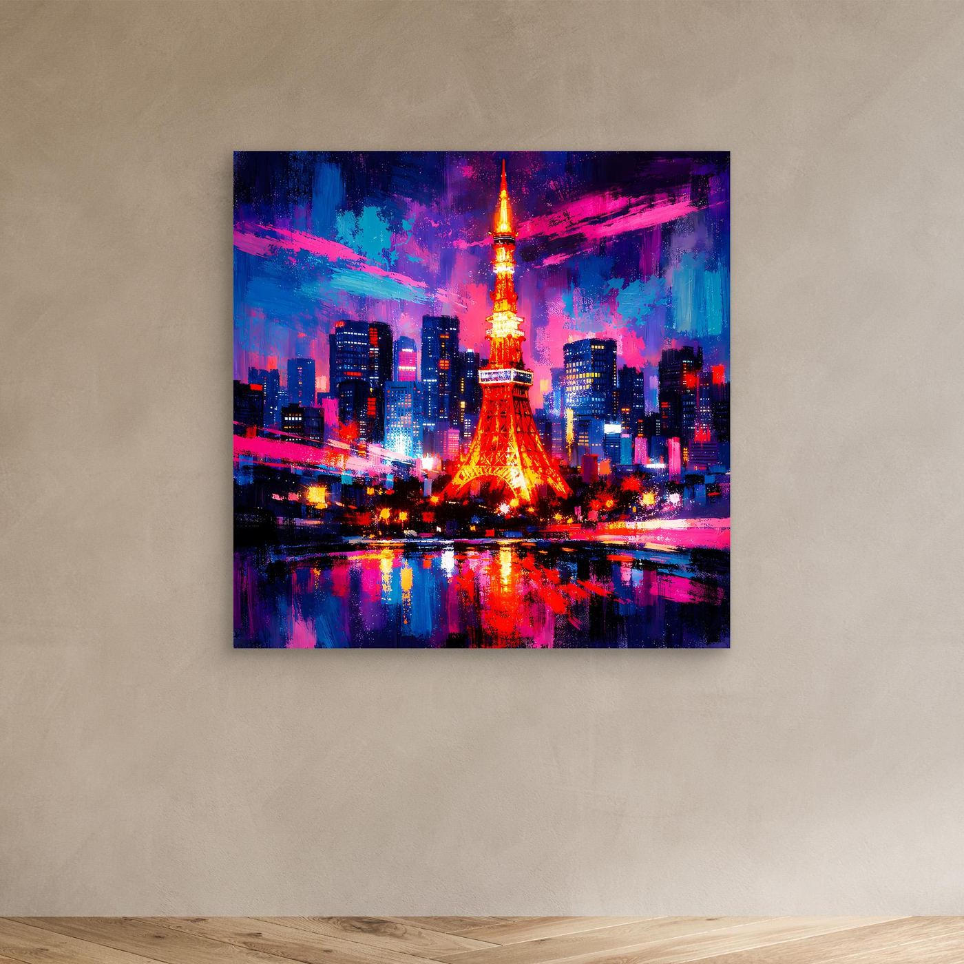 Leinwand-Wandbild Skyline mit Eiffelturm, bunte Lichter und Reflexion im Wasser