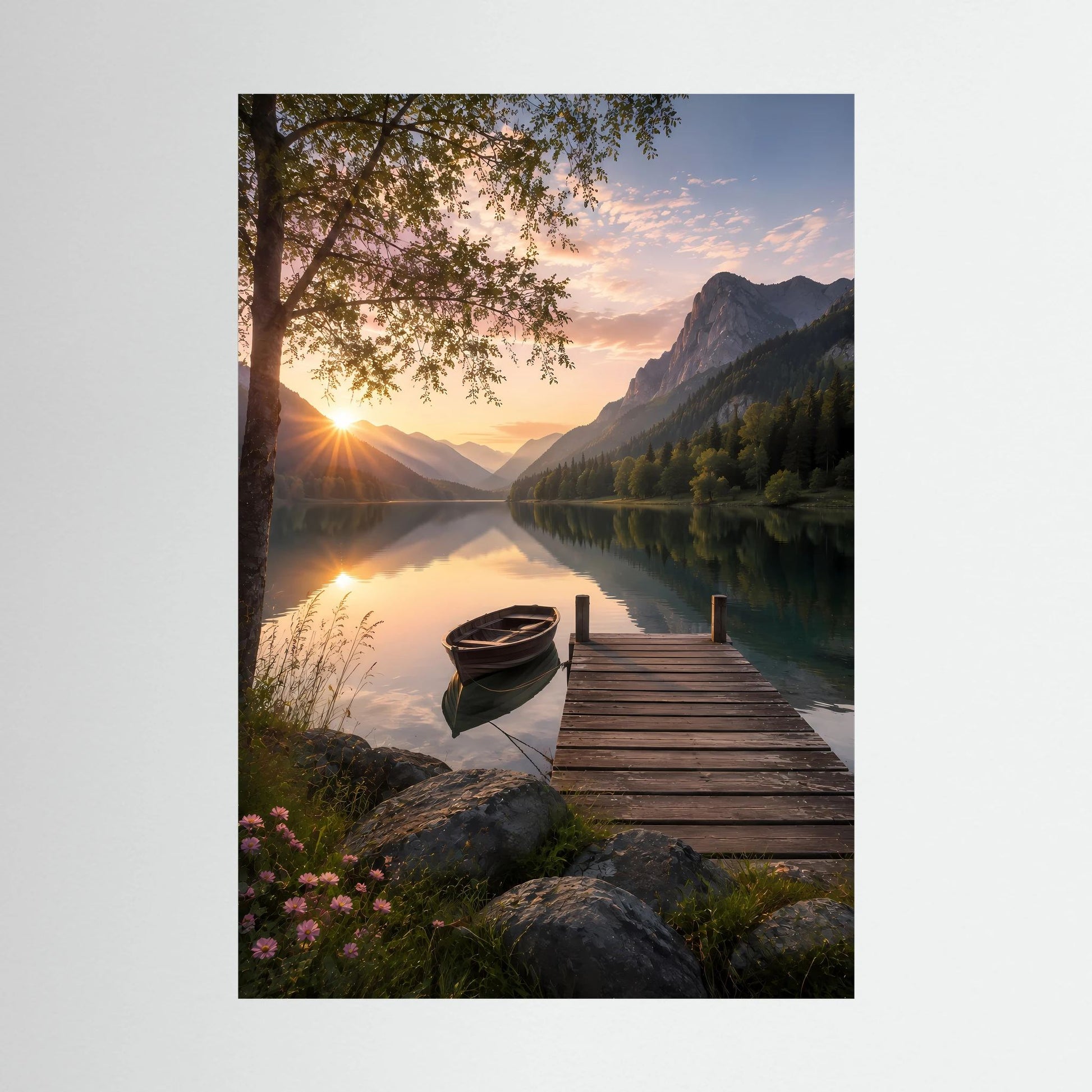 Hochformat-Poster mit See, Boot und Holzsteg bei Sonnenaufgang zwischen Bergen